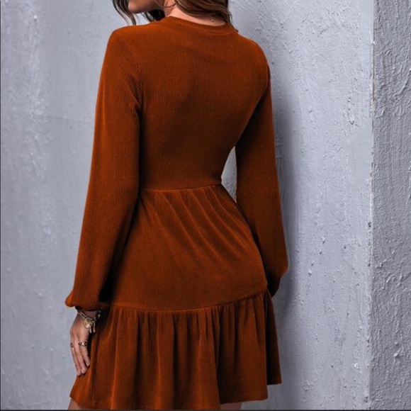 Rust brown long sleeve ruffle ribbed babydoll mini dress - Picture 3 of 6